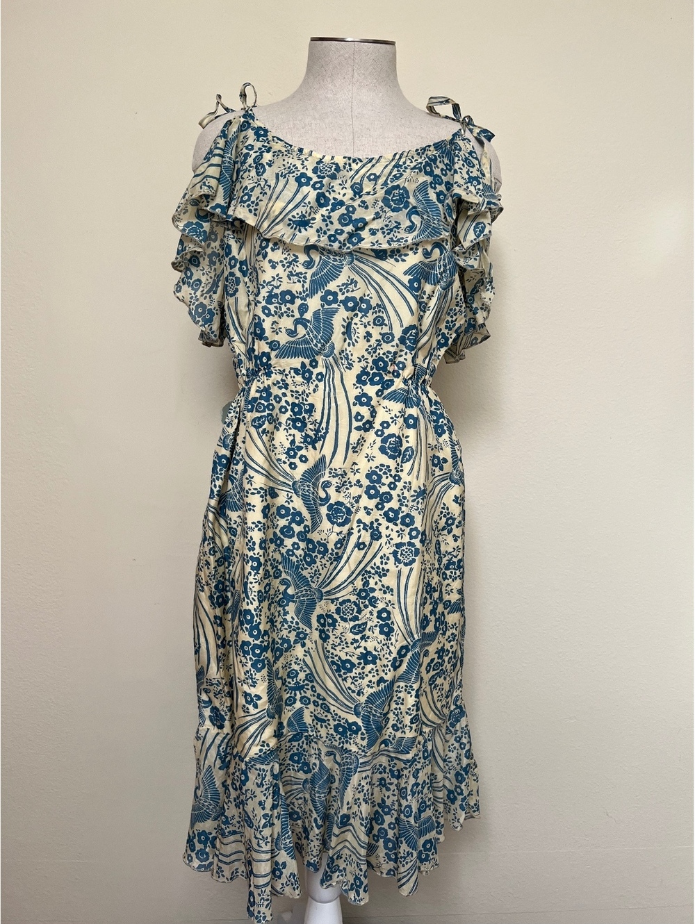 EFFIE'S HEART Blue & Tan Floral Print Retro Ruffle Midi Dress With Ruffle XL